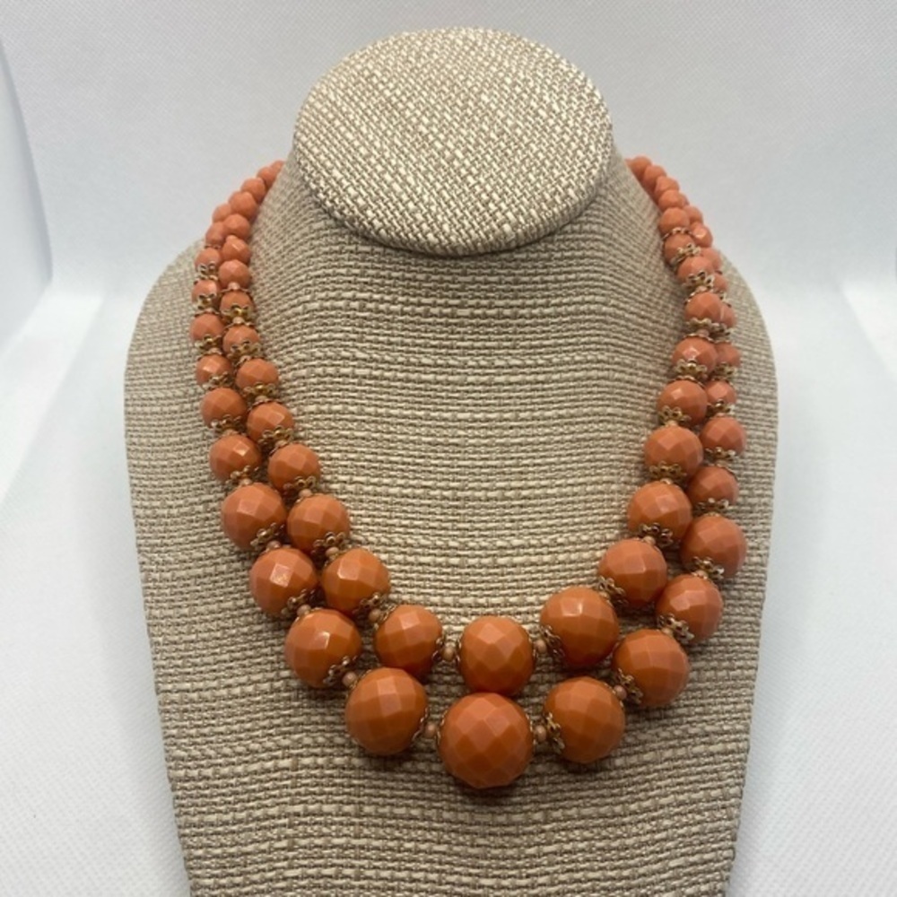 Vintage Two strand Peach colored geometrical Bead and Soft Gold‎ Tone Necklace